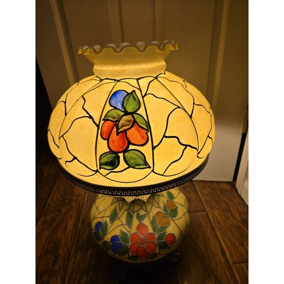 Vintage 23" Hurricane Tiffany Style Table Lamp Hand Painted Floral Gone W/ Wind - Picture 3 of 16